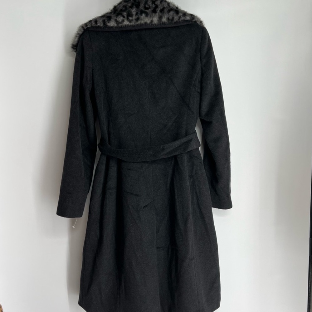 New Via Spiga Leopard Print Faux Fur Collar Wool Belted Wrap Coat Black Grey XS - Picture 6 of 6
